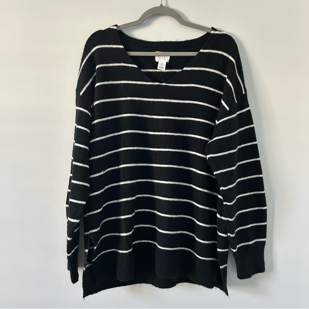H&M Black White Stripe V Neck Oversized Cozy Wool  Blend Casual Sweater L